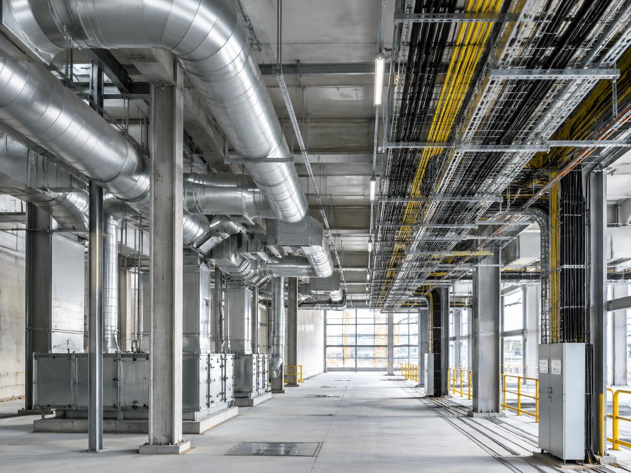 Mechanical ducts and electrical cable trays in an industrial building